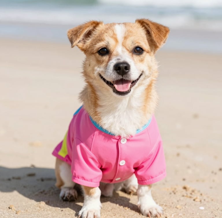 Bright natural photography of a happy small dog wearing a colorful handmade pink beach shirt, cheerful daylight, eye-level pet portrait, 35mm