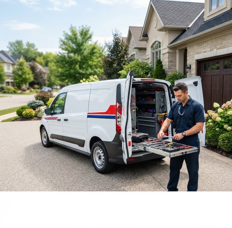 A bright, clean mobile service van parked on a pristine suburban driveway under natural daylight, a mechanic in a spotless uniform preparing tools
