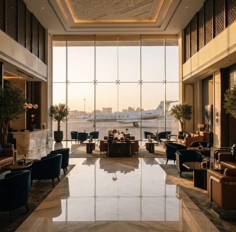 A majestic environmental shot of a luxurious private jet terminal lounge in Riyadh, warm golden hour light reflecting off polished marble floors, sleek modern architectural lines, no people, 35mm photography, high-end editorial luxury style.