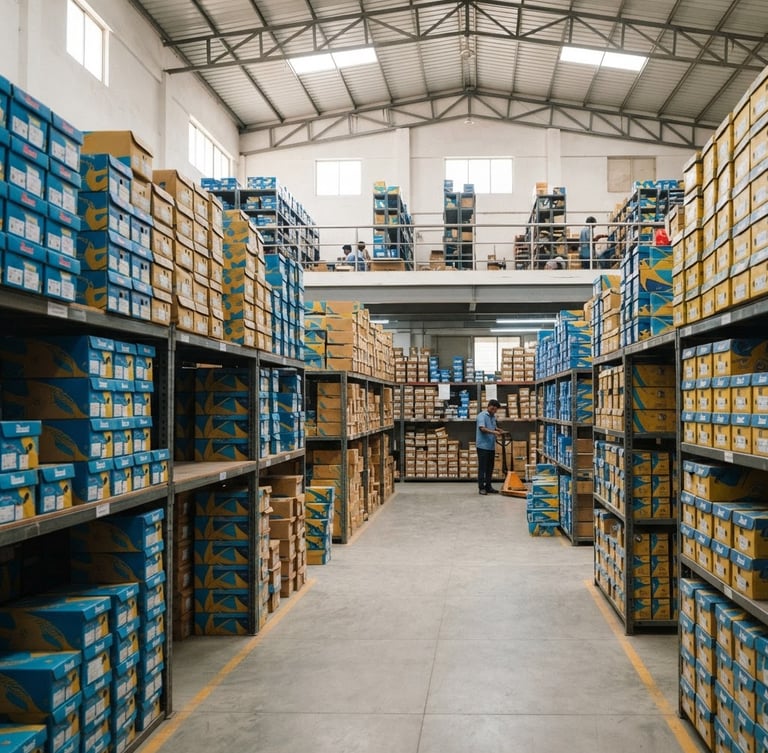Wide-angle commercial warehouse interior in Rajkot, neatly stacked boxes of Paragon footwear, bright natural lighting, blue and yellow color accents, sharp focus, 35mm