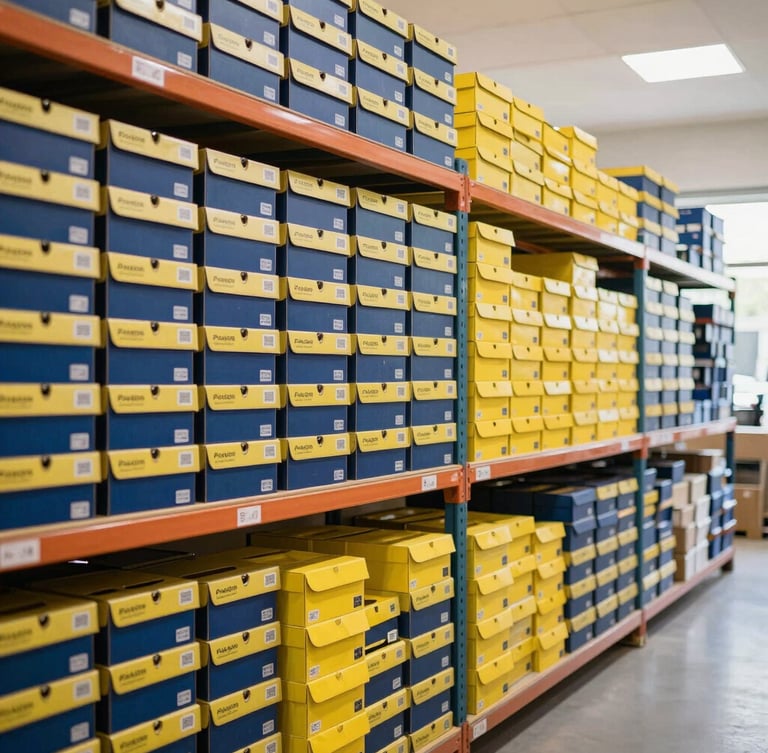 Neatly organized B2B footwear warehouse with rows of Paragon shoe boxes, bright commercial lighting, professional logistics environment in Gujarat