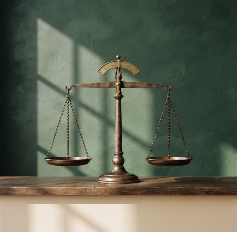 Minimalist fine art photography of a heavy bronze balance scale in perfect equilibrium, soft architectural shadows, deep forest green and warm ivory tones, elegant composition, 35mm