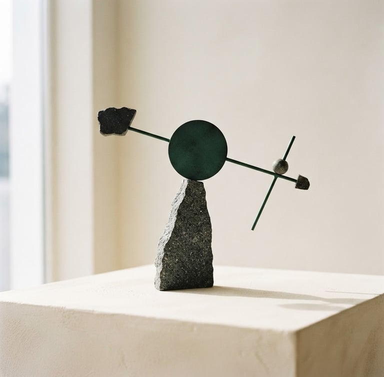 Minimalist geometric balancing sculpture made of textured stone and dark forest green metal, soft architectural shadows, warm ivory background, elegant composition, macro 35mm photography