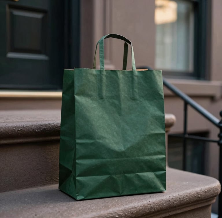 A close-up photograph of a sleek, unbranded dark green paper bag sitting on a classic Brooklyn brownstone stoop, soft morning light, editorial film style