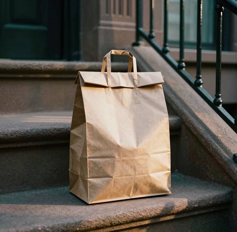 Close-up of a sleek, minimalist unmarked paper delivery bag sitting on a classic stone brownstone stoop in Brooklyn, soft golden-hour shadows, cinematic 35mm film