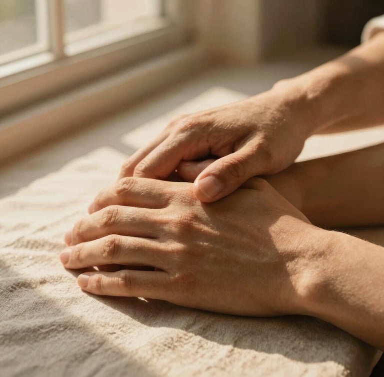 Close-up of two hands resting together on a soft linen surface, warm golden hour light filtering through a nearby window.