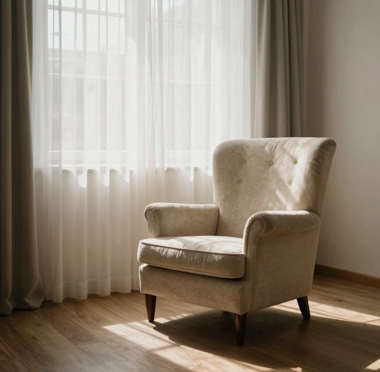 Wide environmental shot of a quiet domestic room, soft natural light filtering through sheer curtains onto an empty armchair, warm slate and cream tones, peaceful atmosphere.