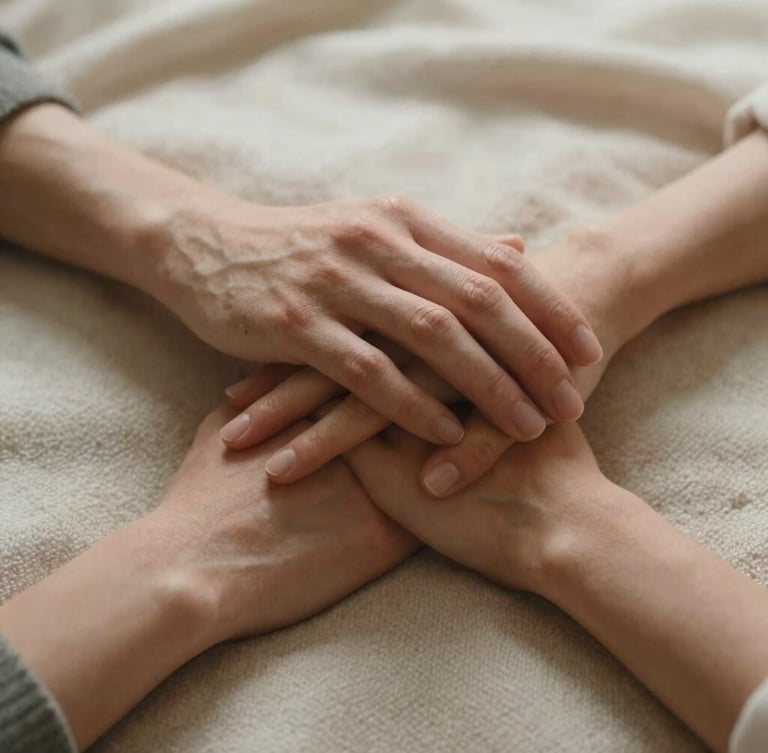 A close-up of two hands resting gently together on a soft wool blanket, warm diffused natural light