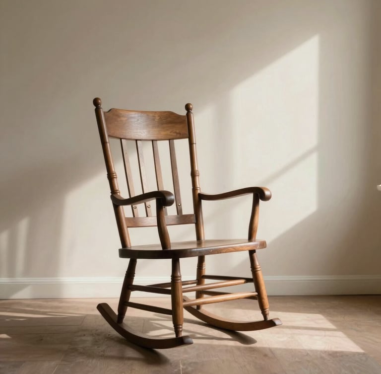 A quiet domestic room with an empty wooden rocking chair, soft natural morning light creating gentle shadows on a muted cream wall.