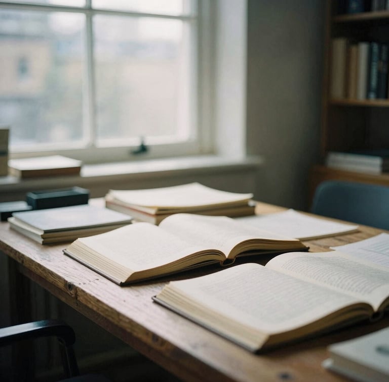 A quiet corner of a London design studio, a large oak table with open archival books, directional daylight from a tall window, 35mm film grain.
