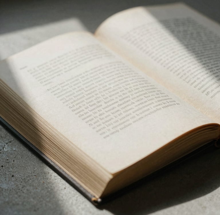 Macro close-up of a heavy, open archival book on a raw concrete surface, soft directional north-facing daylight casting deep natural shadows across the textured paper and elegant serif typography, 35mm film grain.
