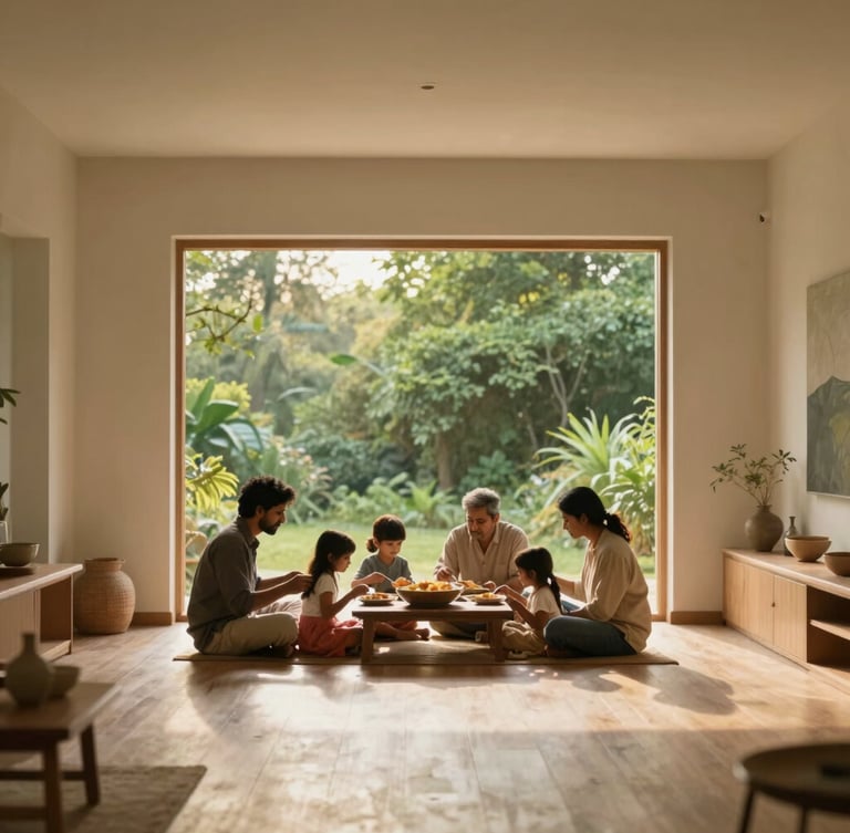Serene Indian family in a soft-lit, minimalist home, sharing a meal, warm diffused golden-hour light, wide shot with generous negative space, natural textures, shallow depth of field.