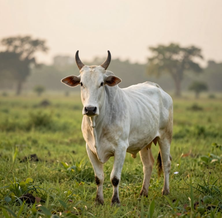 Authentic portrait of a Gir cow in a lush green Indian pasture at dawn, soft, diffused light, shallow depth of field, tall portrait framing, 35mm
