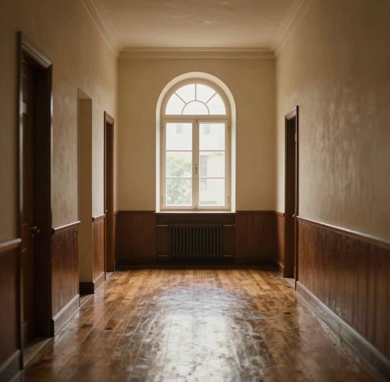 A quiet, beautifully lit corridor of a historic school building, warm wooden floors reflecting soft daylight from an arched window.