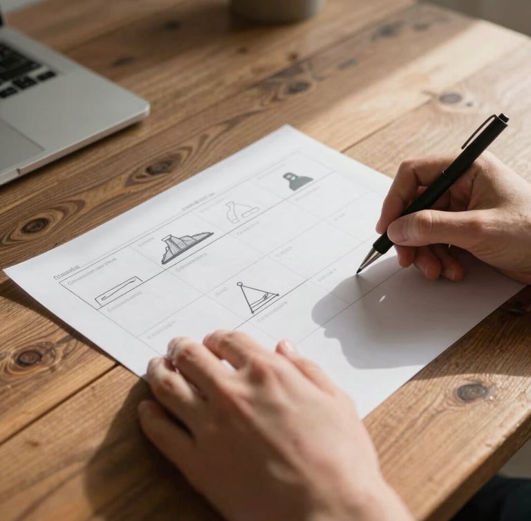 A close-up of hands arranging storyboards on a rustic wooden table, soft natural daylight casting rich shadows, Scandinavian design aesthetic.