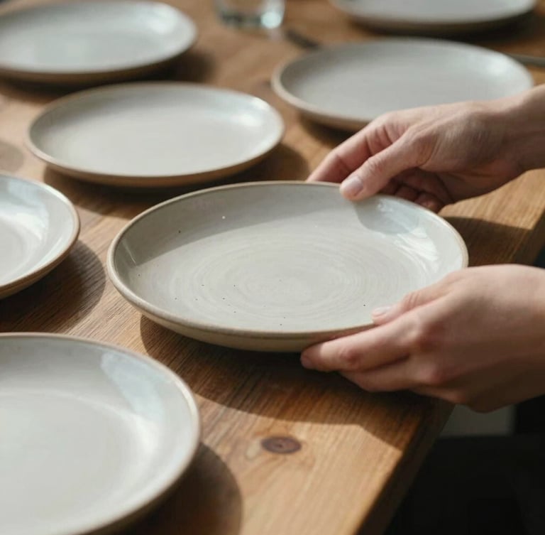 Extreme close-up of hands arranging rustic ceramic plates on a textured wooden table, soft natural daylight casting rich shadows, Scandinavian restaurant setting.