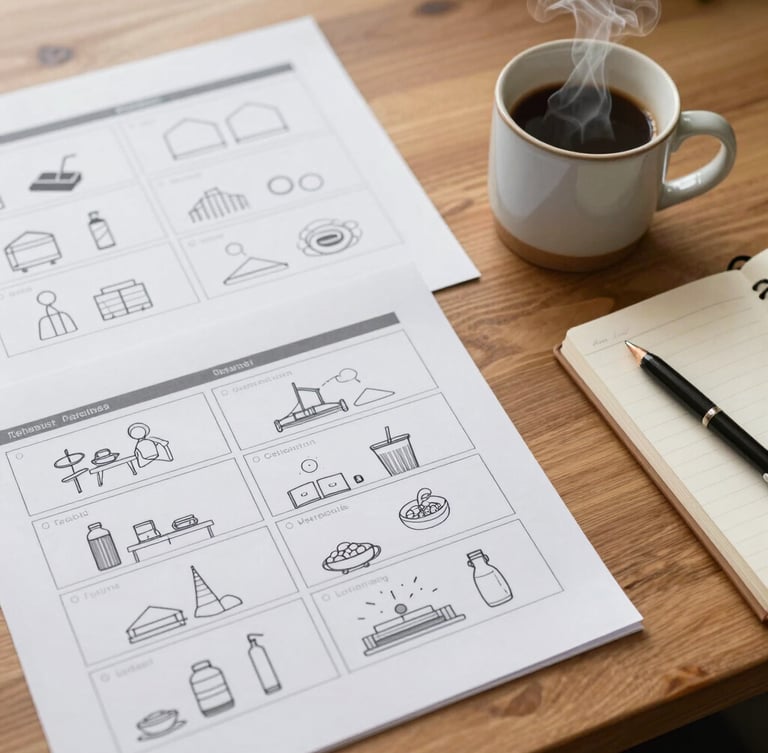 A beautifully organized creative workspace with printed storyboards, a ceramic mug of steaming coffee, and a notebook on a warm oak table, shot from above in soft natural daylight.