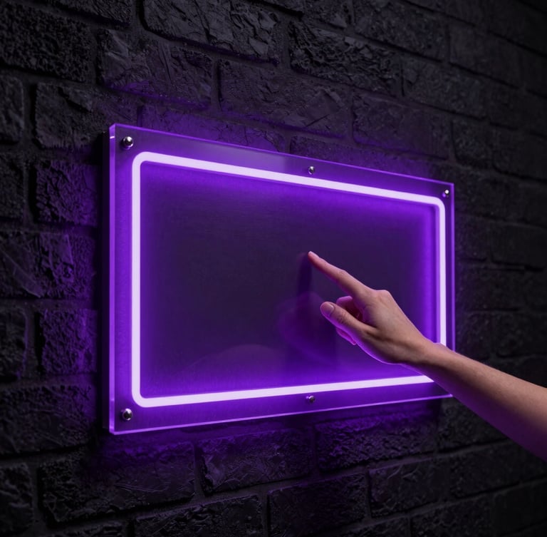 Sleek studio photography of a designer inspecting a glowing purple acrylic LED sign board installed on a dark brick wall, dramatic ambient lighting, sharp focus