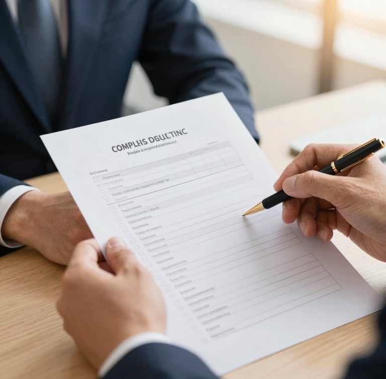 Close-up of hands reviewing a structured compliance checklist on textured paper, warm desk lighting