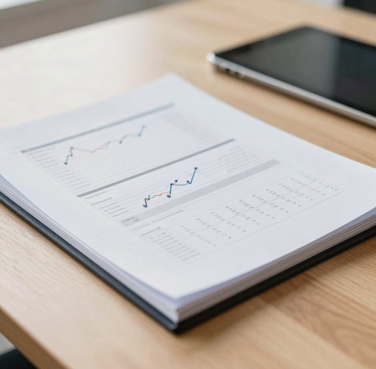 A focused close-up of financial documents and a digital tablet on a clean wooden desk under natural office light