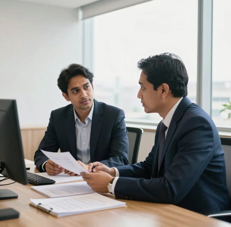 A professional advisory consultation in a modern Hyderabad office, bright natural window light, documents on a wooden table, 35mm photography