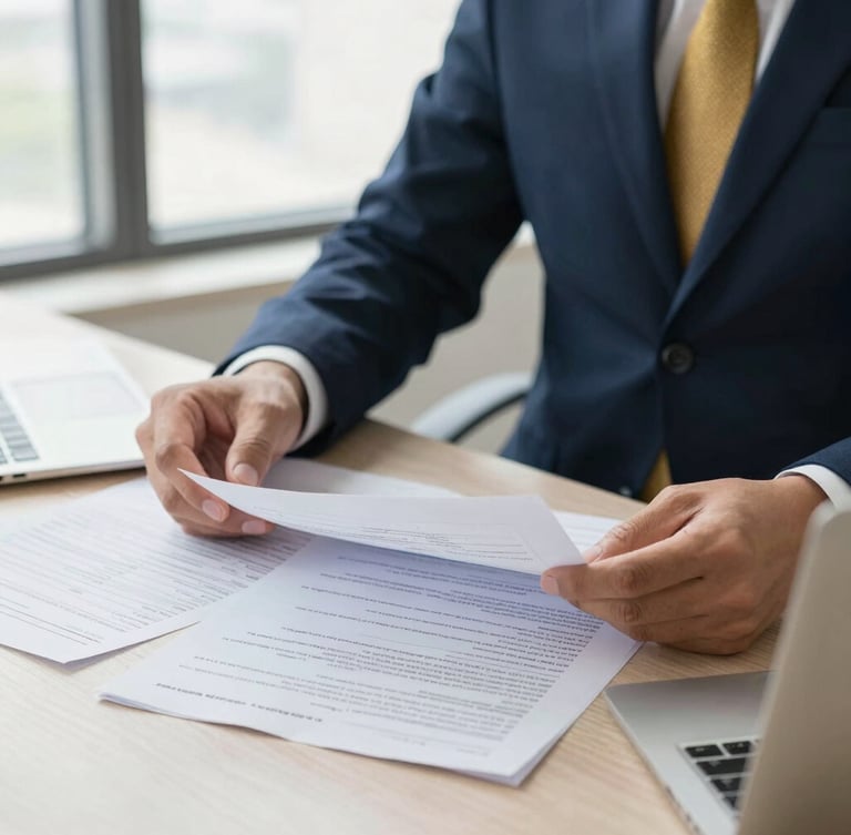 A professional financial advisory office in Hyderabad, bright natural window light, close-up of hands reviewing loan documents and structured financial spreadsheets, 35mm editorial photography