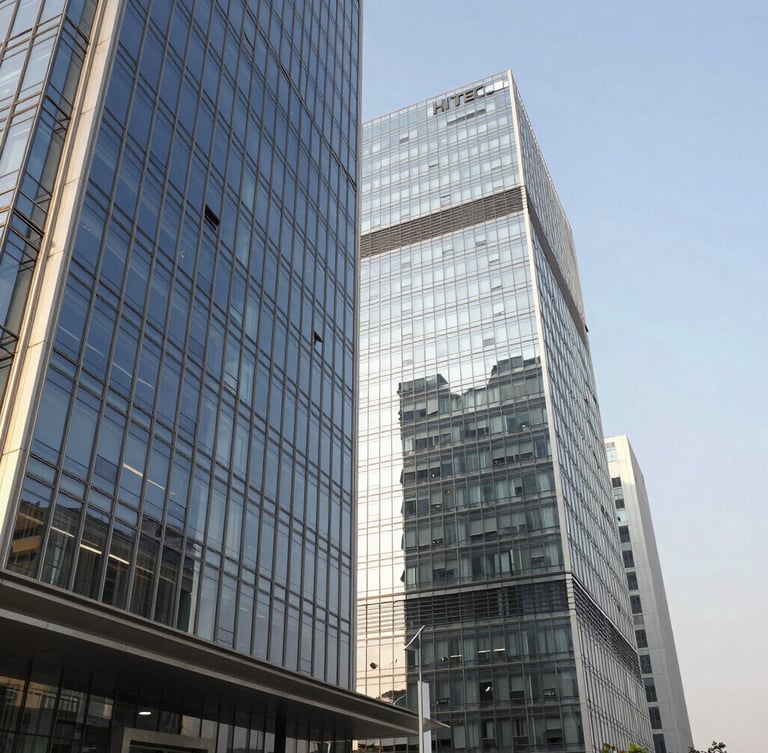 Wide-angle editorial shot of the modern glass facades in HITEC City, Hyderabad, captured in bright morning light with clean geometric lines, 35mm.