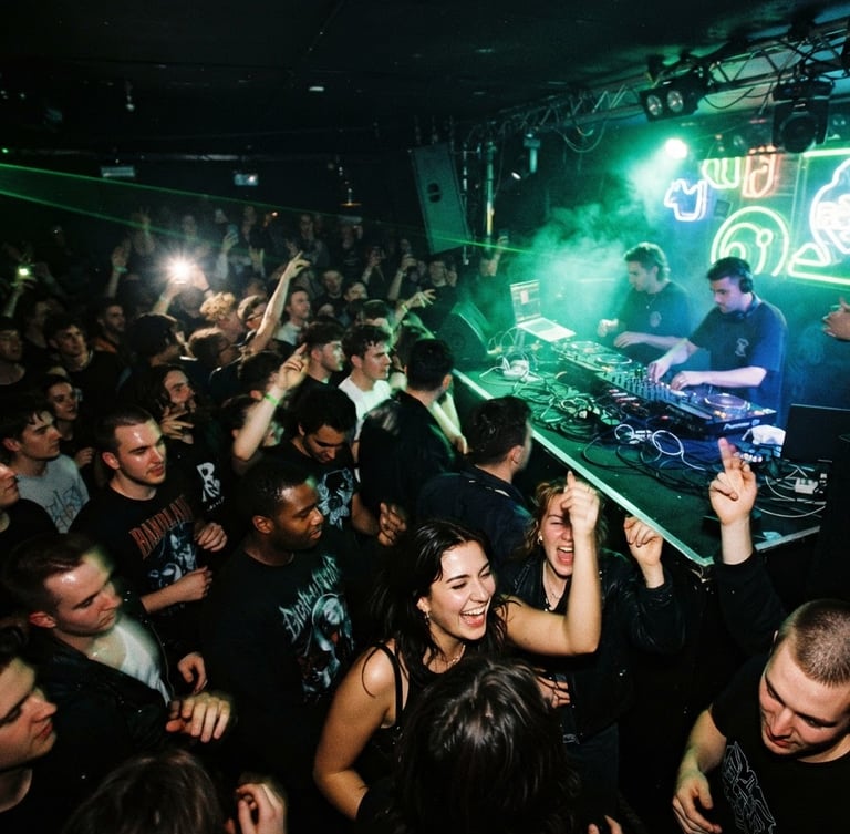 Moody low-light nightlife photography with neon green accents, a crowd in motion facing a DJ booth, direct flash, 35mm film aesthetic, wide angle.