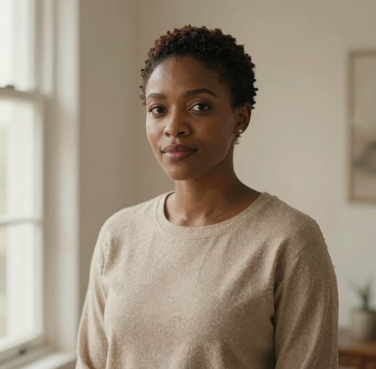 An elegant medium-close portrait of Favour Chidinma Solomon in a warm, quiet interior, diffused natural window light, muted cream and taupe tones, shallow depth of field, medium format