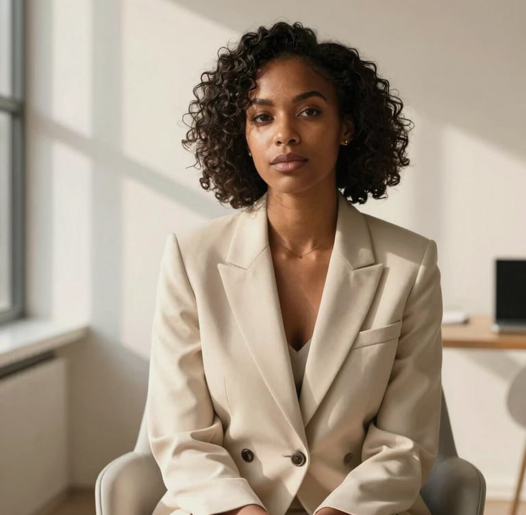 Elegant medium-close portrait of a Black female brand strategist in a warm cream blazer, sitting in a minimalist sunlit office with soft window shadows, medium format photography.