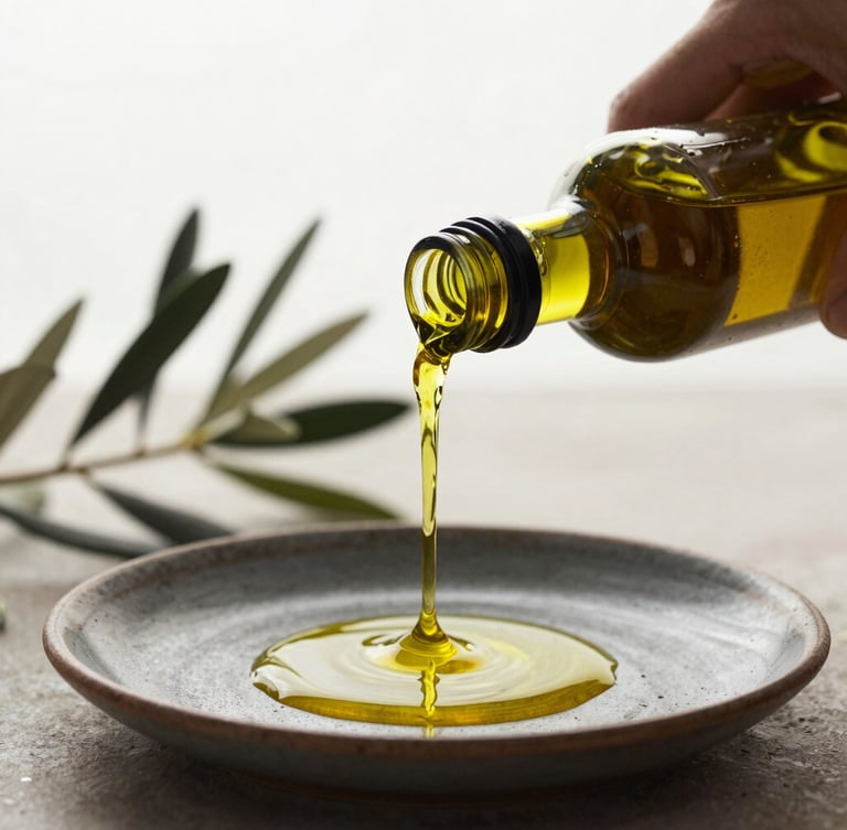 Pouring golden olive oil from a dark bottle onto a rustic plate, warm backlighting, olive branches blurred in the background