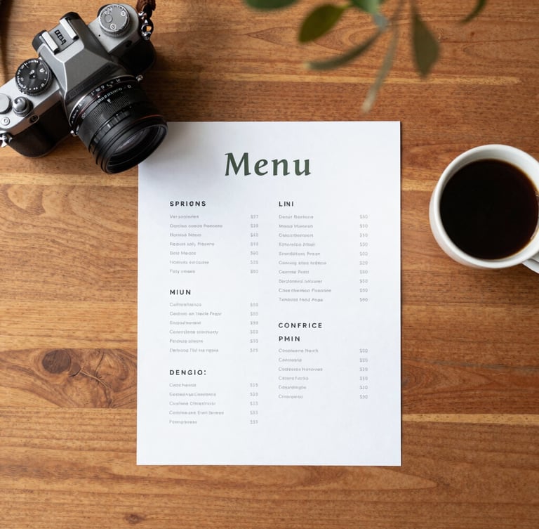 An editorial overhead view of a clean wooden desk with a camera, a freshly printed menu draft, a cup of black coffee, and subtle shadows of leaves, warm daylight
