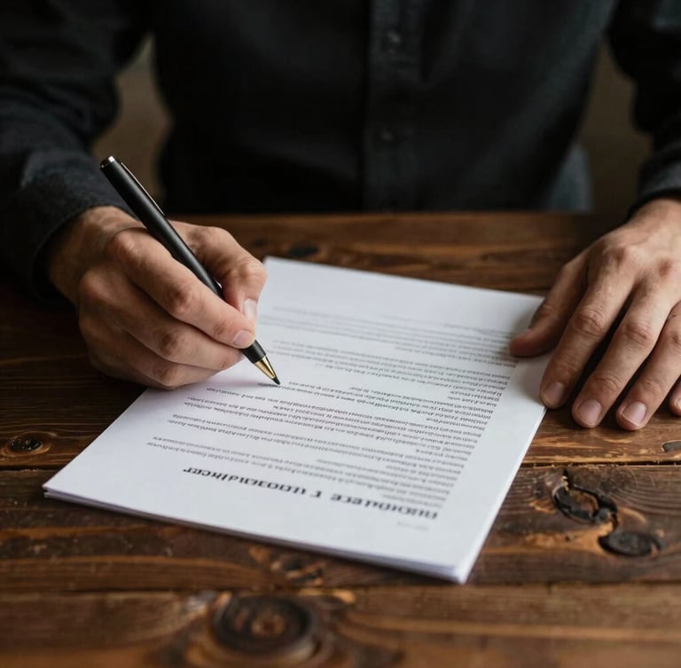 Close-up of hands signing a structured legal document on a rustic dark timber table, warm atmospheric lighting, shallow depth of field, 35mm editorial photography