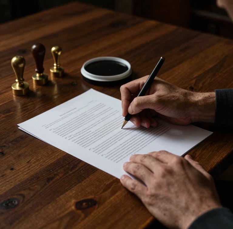 Side view of hands signing a thick paper document on a heavy timber desk, vintage brass stamps and ink pad nearby, low-key warm lighting, moody editorial