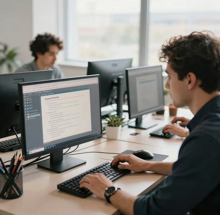Bright modern office with focused professionals working on computers, over-the-shoulder view showing clean software interfaces on screens, natural morning light