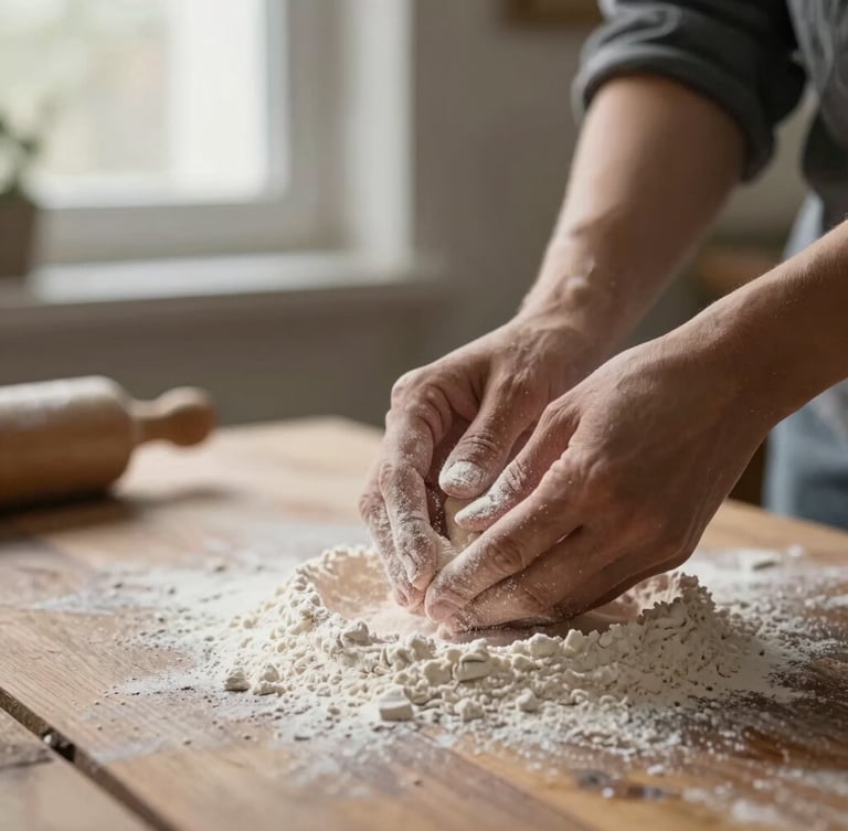 Extreme close-up of hands dusting flour over a rustic wooden table, soft morning side-light, shallow depth of field, warm stone tones, 35mm