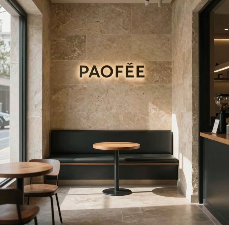 Architectural interior of a minimalist premium coffee shop, warm stone walls, natural side-lighting, soft morning shadows, 35mm photography