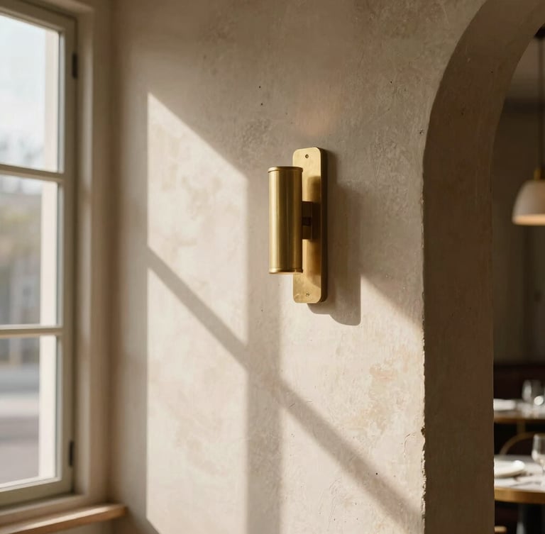 Cinematic close-up of premium restaurant construction site, warm natural window light casting dramatic shadows on raw plaster walls and custom brass fixtures, shallow depth of field, 35mm