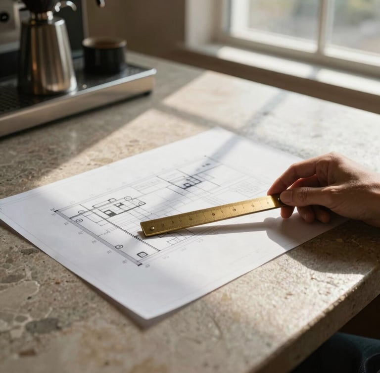 Top-down architectural blueprint of a coffee bar layout on a warm stone table, a hand holding a brass scale ruler, soft natural morning window light, high contrast, cinematic shadows