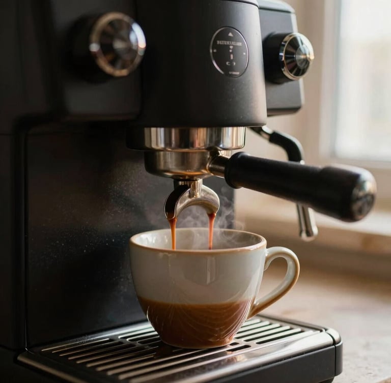Extreme close-up of a premium matte black espresso machine pulling a rich shot into a handmade ceramic cup, warm side-lighting revealing steam, honed travertine counter background, cinematic 35mm photography