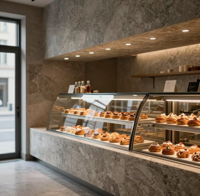 Architectural interior of a minimalist modern bakery display counter, warm glowing spot lights highlighting golden pastries, honed travertine surfaces, 35mm