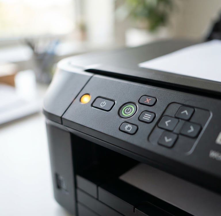 Crisp macro shot of a printer control panel with a blinking amber light, bright natural workspace light, shallow depth of field.