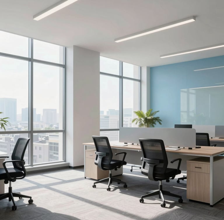 Bright editorial photography of a modern, clean office interior with morning daylight streaming through large windows, soft blue accents, high-end commercial aesthetic