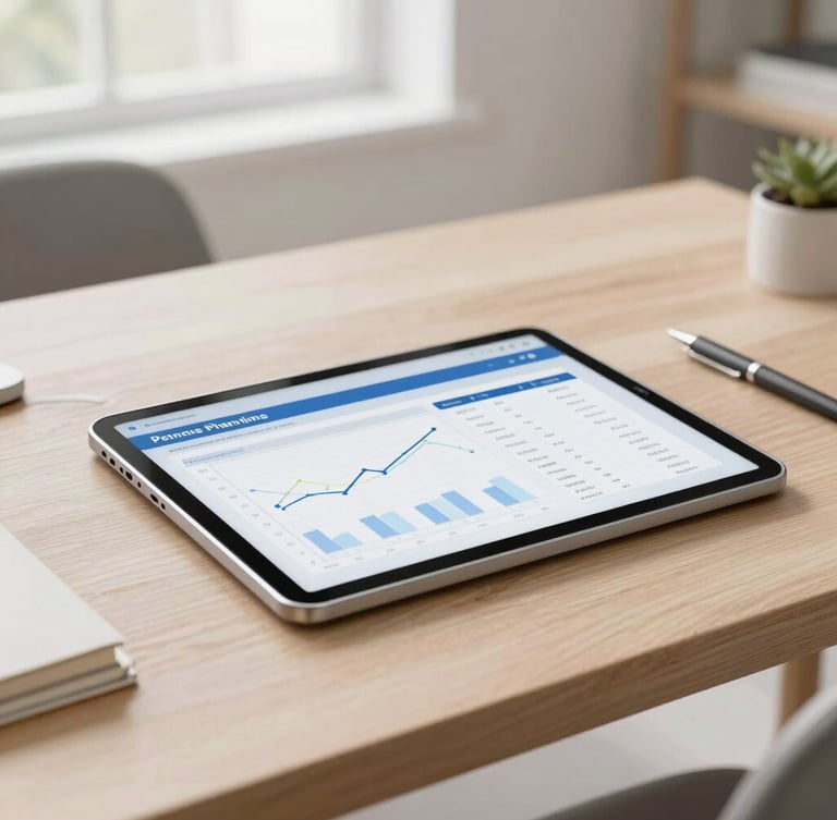 A clean wooden table with modern financial planning tools, a digital tablet showing a clean chart, bright natural morning daylight, soft neutral tones
