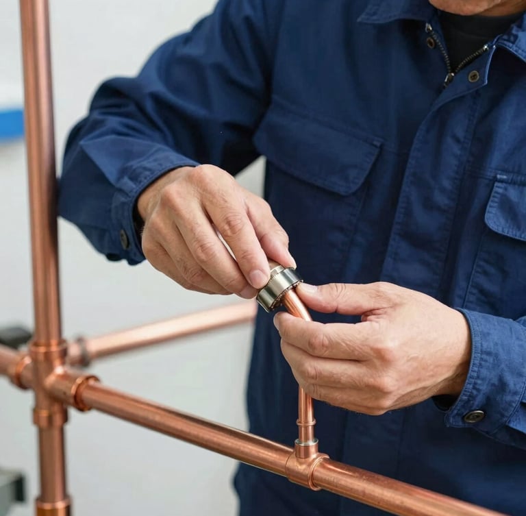 Crisp close-up shot of a professional technician in a clean navy uniform installing high-quality copper piping, bright natural daylight, sharp focus on technical precision.