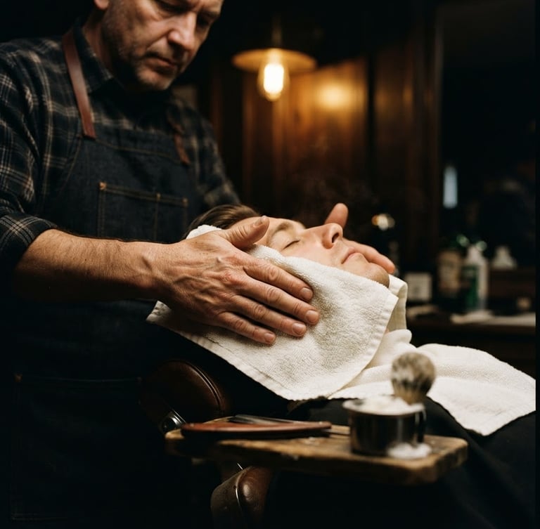 Close-up of a skilled barber's hands meticulously applying hot towel to a client's face, razor visible, dramatic low-key lighting, warm golden tones, sharp focus, 35mm film.