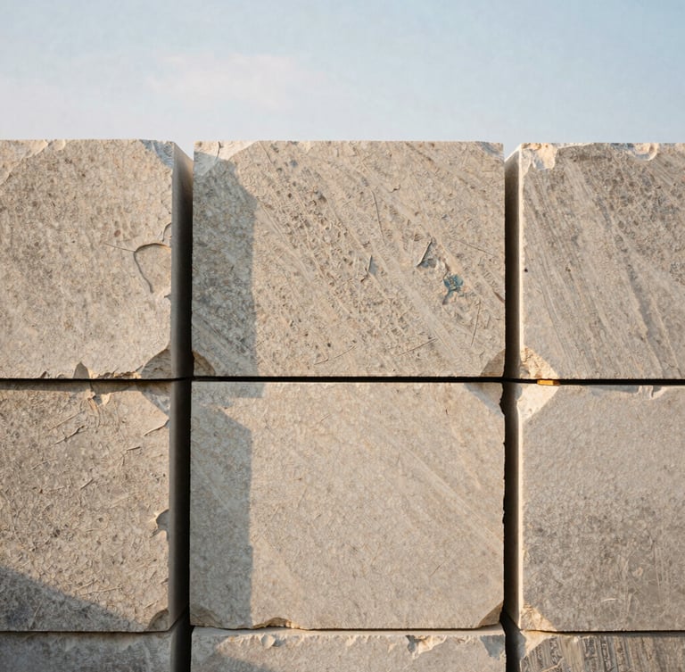 Close-up of raw, textured limestone blocks stacked on a construction site, soft late afternoon sun casting long clean shadows, architectural detail, 35mm