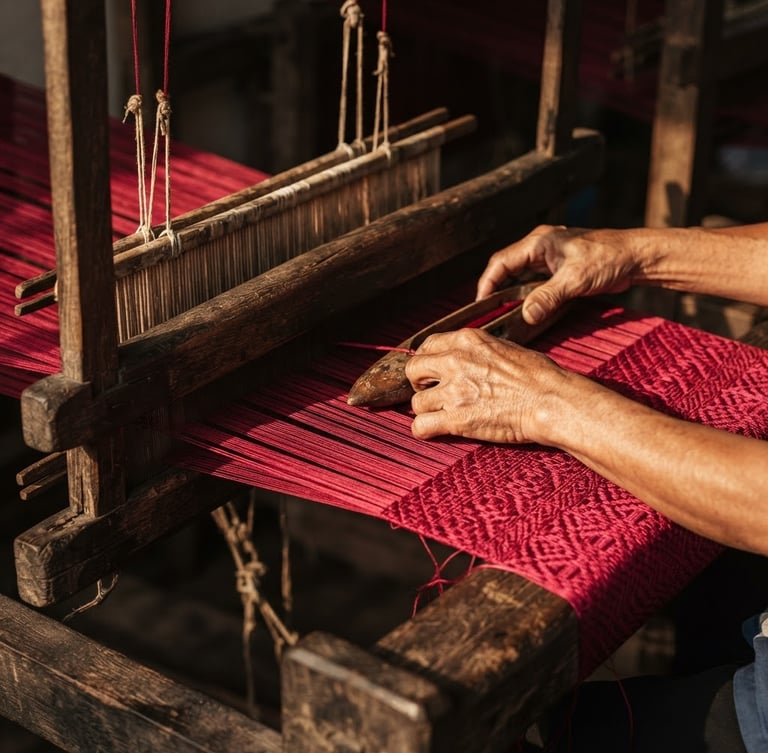 Macro shot of a master weaver's hands operating a dark wooden interlocking pit loom with vibrant crimson silk threads, warm directional afternoon side-lighting, rich textures.
