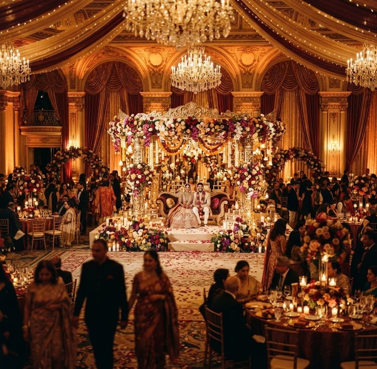 Wide environmental shot of a grand Indian wedding reception hall, opulent floral mandap setup, warm golden ambient lighting, deep crimson and gold tones, 35mm