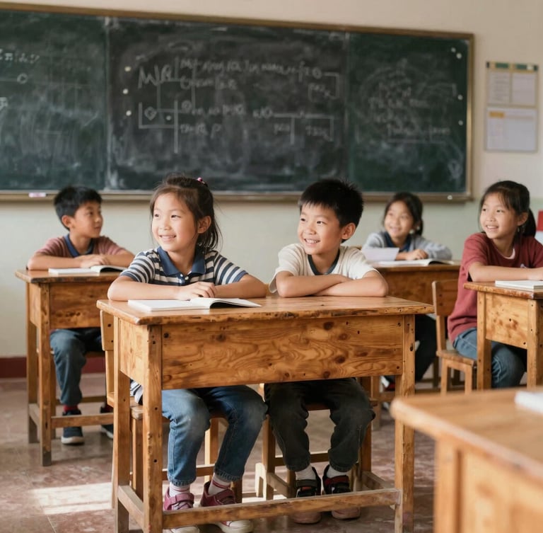 Bright natural light spilling into a newly renovated classroom in Manyu, children sitting at sturdy wooden desks smiling, looking at a blackboard, 35mm warm editorial photography.